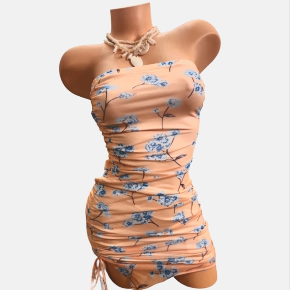 VACATION S YELLOW FLORAL RUNCHED HALTER MINI DRESS
